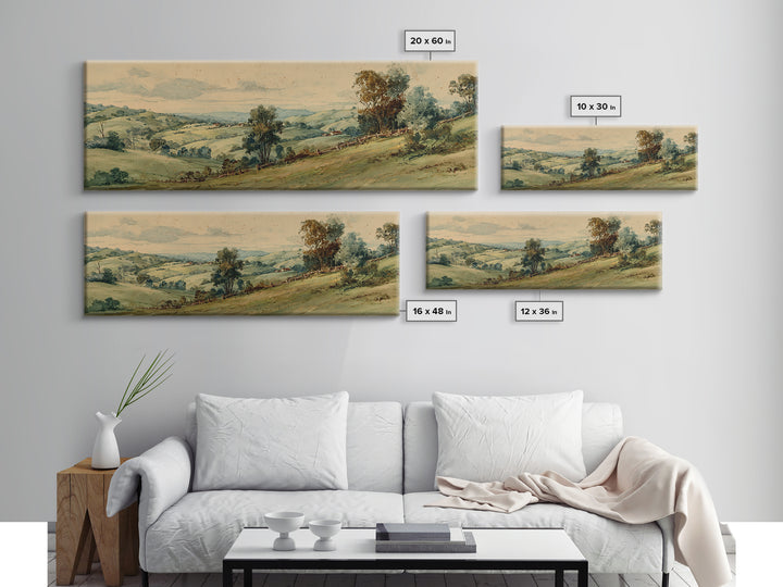 Country Landscape with Fence and Rolling Hills Canvas Print, Farmhouse Art, Farmhouse Wall Decor, Farmhouse Decor, Harvest, FAR-3x1-6