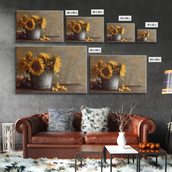 Sunflowers in a Galvanized Metal Bucket Framed Canvas Print, Farmhouse Art, Landscape Painting, Farmhouse Decor, Harvest, FAR-3x2-31