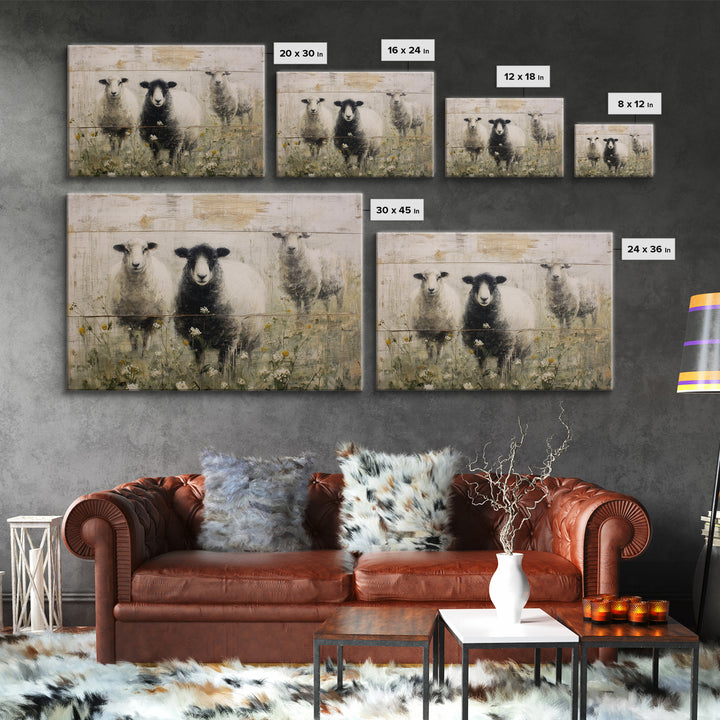 Black and White Sheep Framed Canvas Print, Farmhouse Art, Sage Green Wall Art, Farmhouse Decor, Harvest, Gallery Decor, FAR-3x2-36