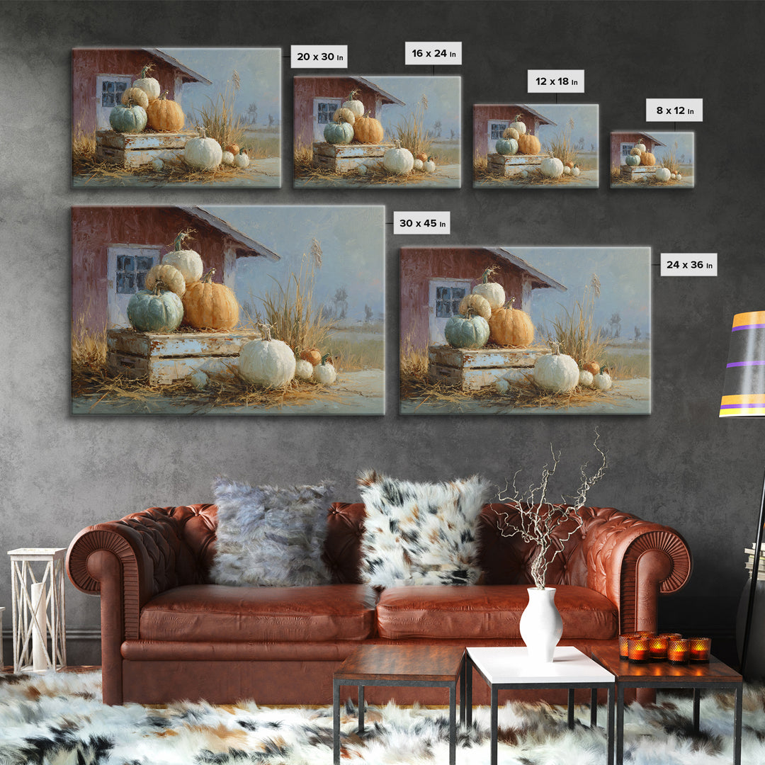 Pumpkins Stacked on a Wooden Crate Framed Canvas Print, Farmhouse Art, Botanical Prints, Farmhouse Decor, Watercolor Art, FAR-3x2-41