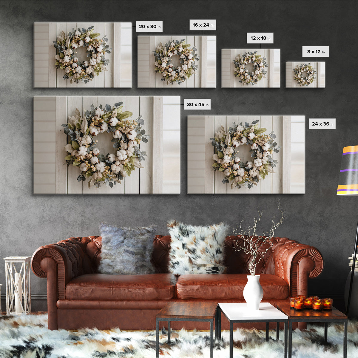 Farmhouse Wreath of Cotton Stems and Eucalyptus Canvas Print, Farmhouse Art, Farmhouse Wall Decor, Farmhouse Decor, Harvest, FAR-3x2-48