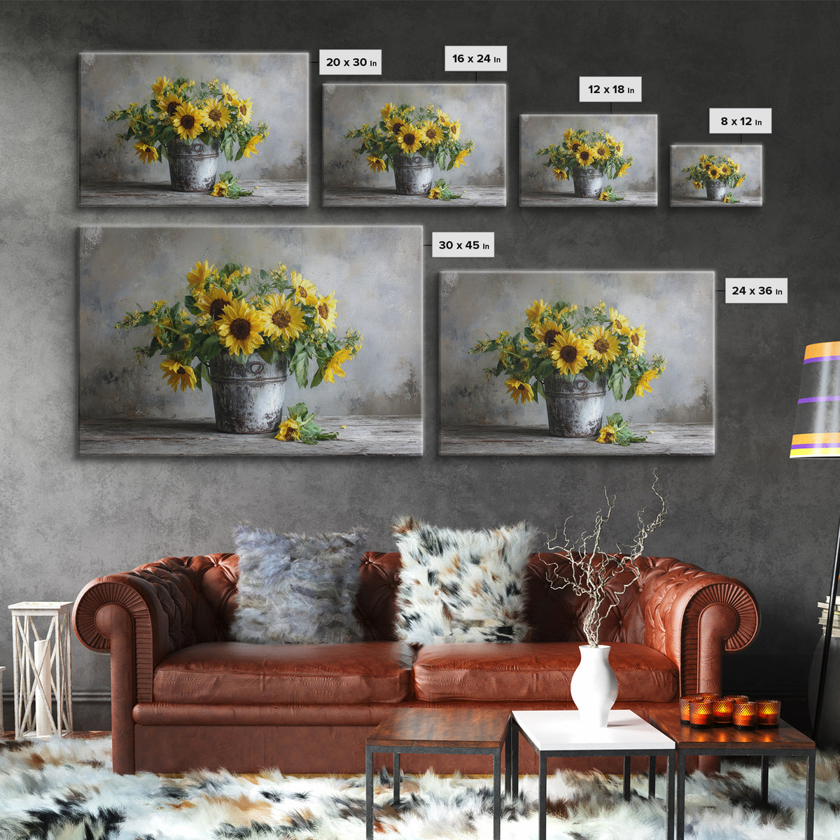 Sunflowers in a Galvanized Metal Bucket Framed Canvas Print, Farmhouse Art, Art, Farmhouse Decor, Watercolor Art, Harvest, FAR-3x2-55