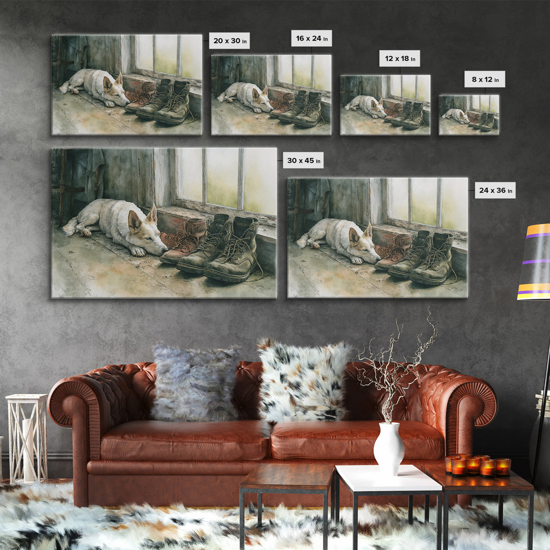 Farm Dog Lying Beside Weathered Boots Canvas Print, Farmhouse Art, Farmhouse Wall Decor, Farmhouse Decor, Oil Painting, Harvest, FAR-3x2-61