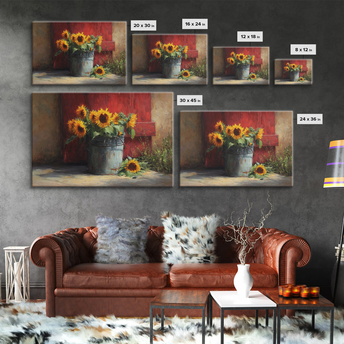 Sunflowers in a Galvanized Metal Bucket Framed Canvas Print, Farmhouse Art, Home Decor, Farmhouse Decor, Fine Art, Harvest, FAR-3x2-7