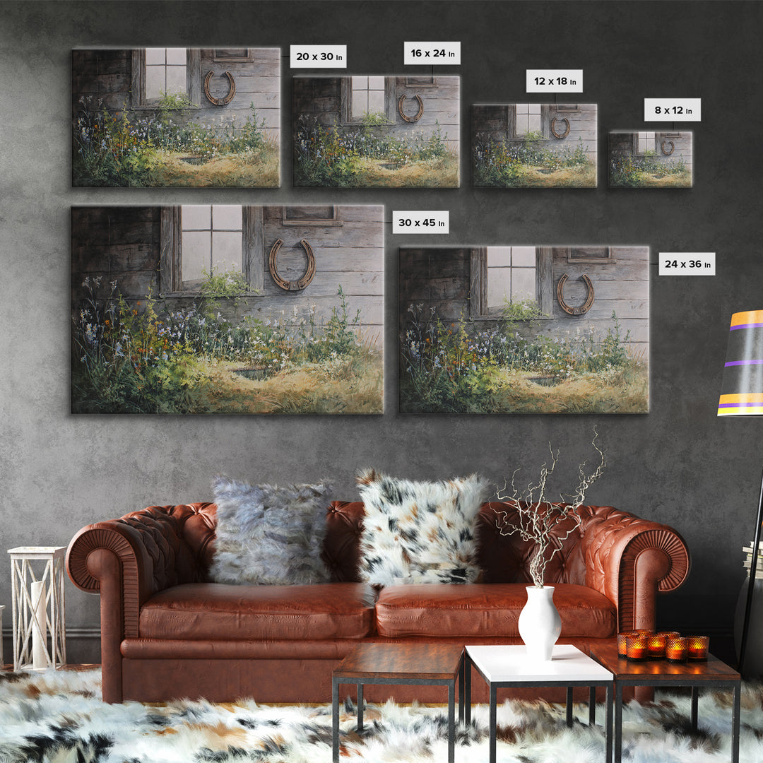 Weathered Horseshoe and Wildflowers Canvas Print, Farmhouse Art, Landscape Painting, Farmhouse Decor, Oil Painting, Harvest, FAR-3x2-73