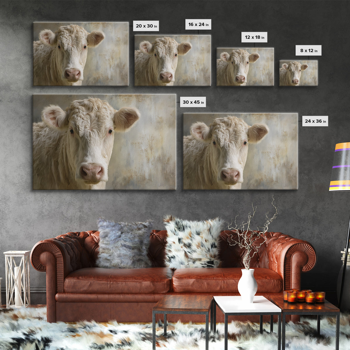 White Cow Portrait Framed Canvas Print, Farmhouse Art, Gallery Decor, Farmhouse Decor, Oil Painting, Harvest, Contemporary Art, FAR-3x2-77