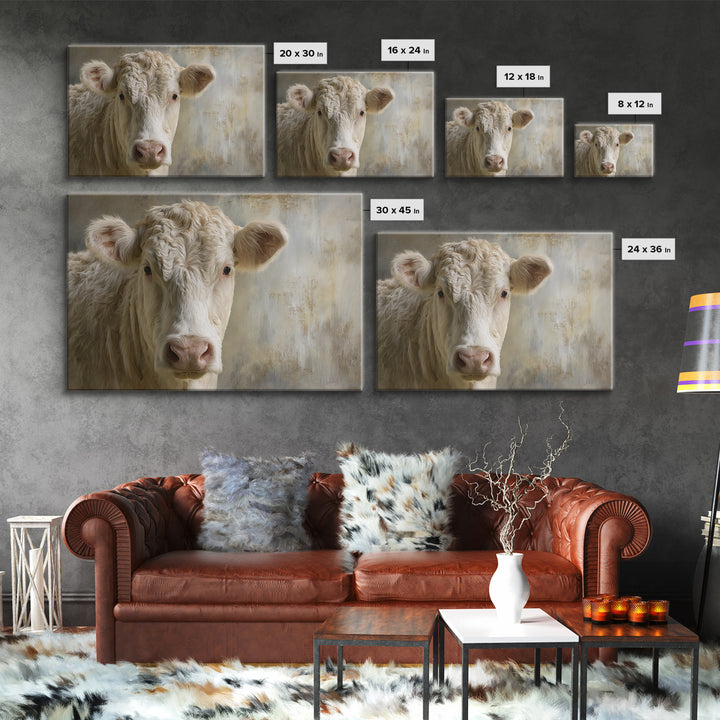 White Cow Portrait Framed Canvas Print, Farmhouse Art, Gallery Decor, Farmhouse Decor, Oil Painting, Harvest, Contemporary Art, FAR-3x2-77