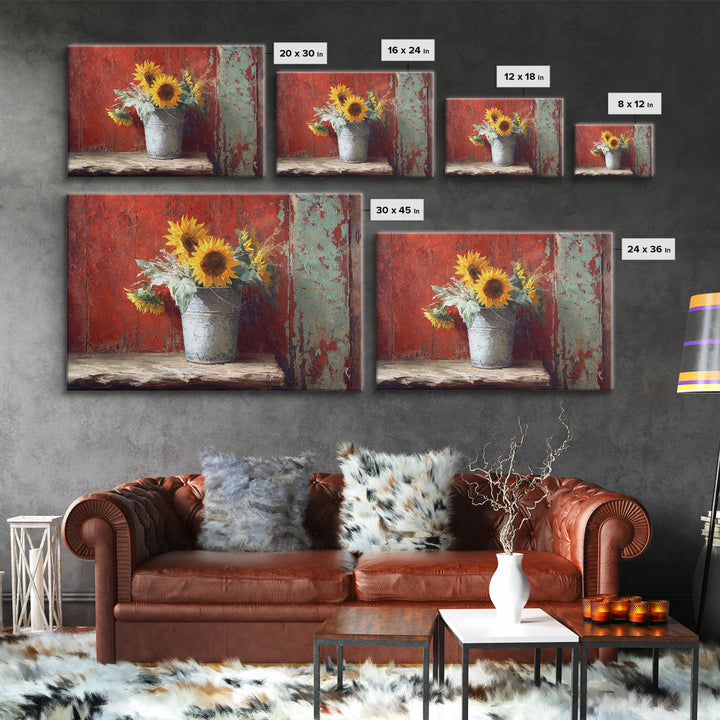Sunflowers in a Galvanized Metal Bucket Framed Canvas Print, Farmhouse Art, Gallery Wall, Farmhouse Decor, Watercolor Art, FAR-3x2-79