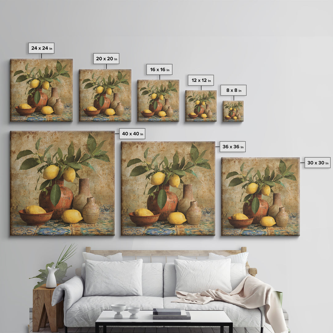 Aged Botanical Plate of Lemons and Leaves Framed Canvas Print, French Country Art, Digital Art, Farmhouse Decor, Oil Painting, FCA-1x1-12