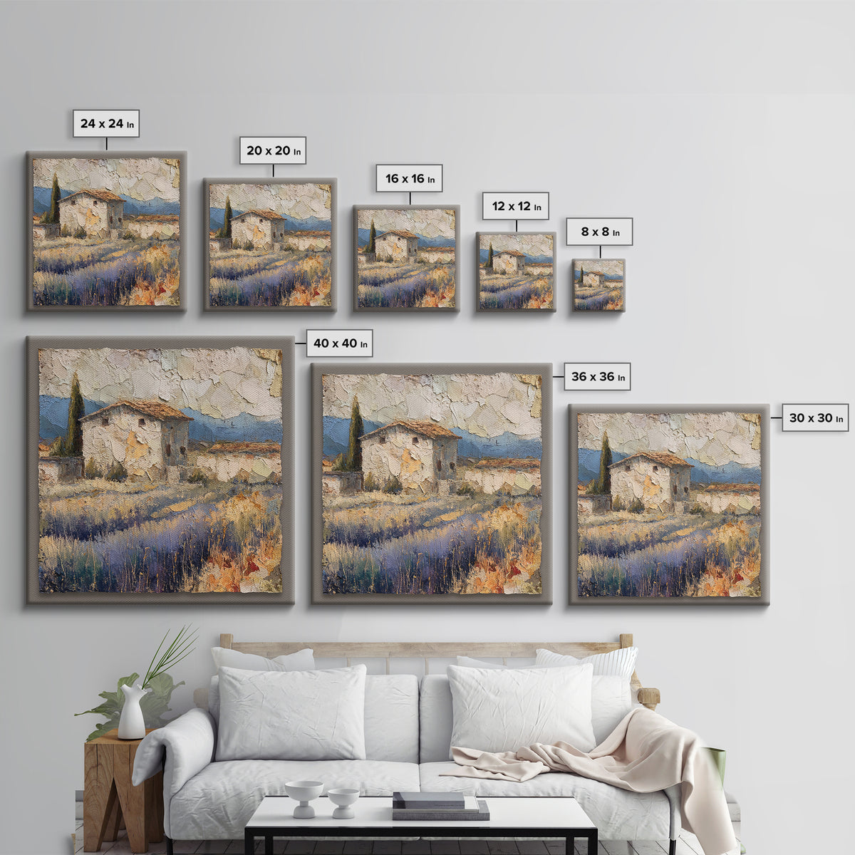 Lavender Field with Distant Stone Farmhouse Canvas Print, French Country Art, Landscape Painting, Farmhouse Decor, Country, FCA-1x1-25