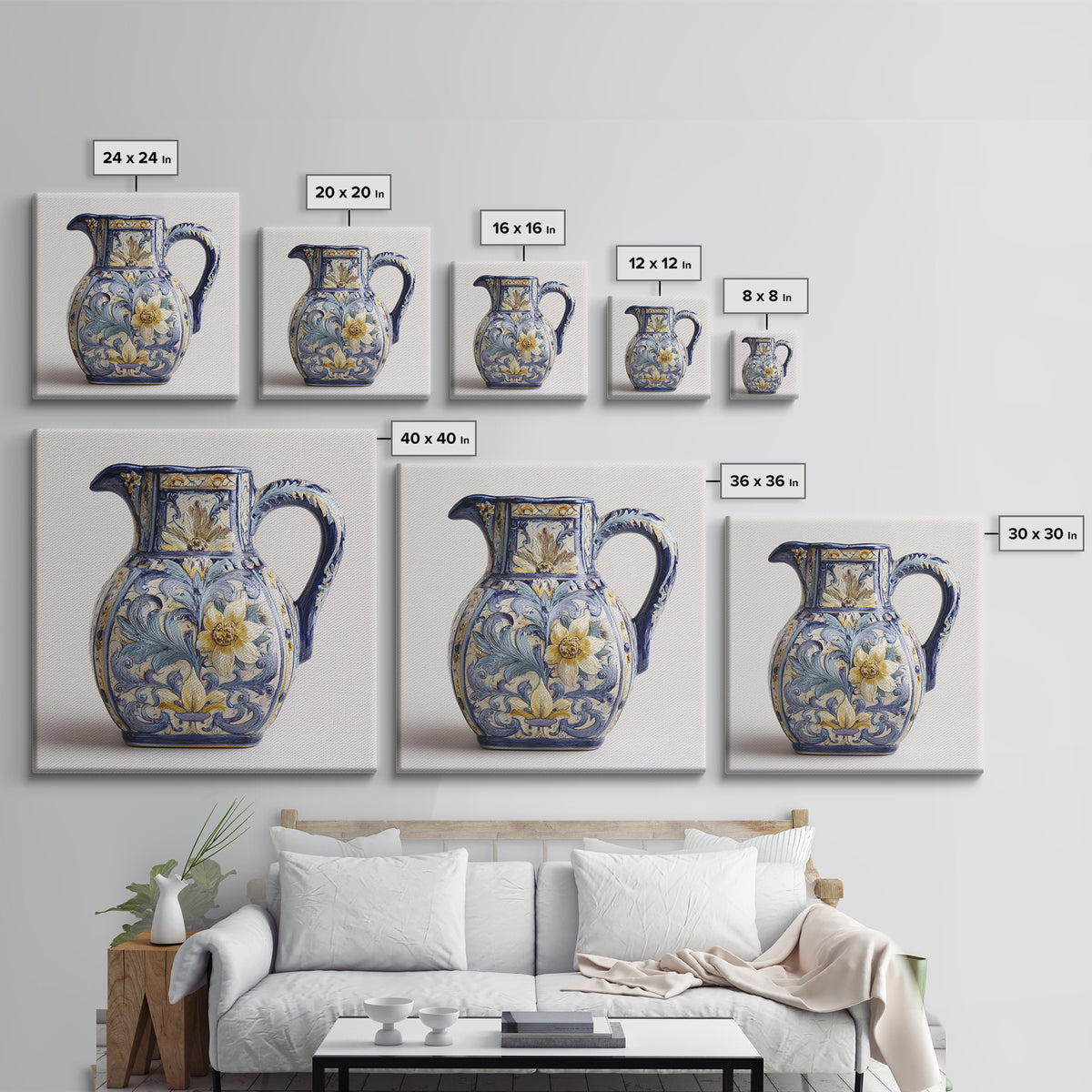 Blue and White Ceramic Pitcher Framed Canvas Print, French Country Art, Farmhouse Decor, Oil Painting, Country, FCA-1x1-27