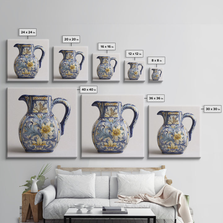 Blue and White Ceramic Pitcher Framed Canvas Print, French Country Art, Farmhouse Decor, Oil Painting, Country, FCA-1x1-27