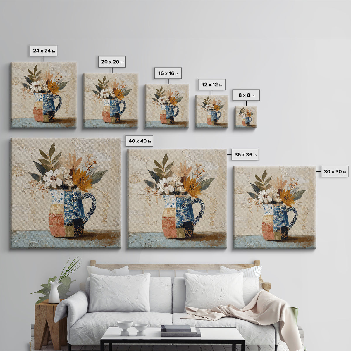 Blue and White Ceramic Pitcher Canvas Print, French Country Art, Oil Painting, Farmhouse Decor, Country, Digital Art Prints, FCA-1x1-3