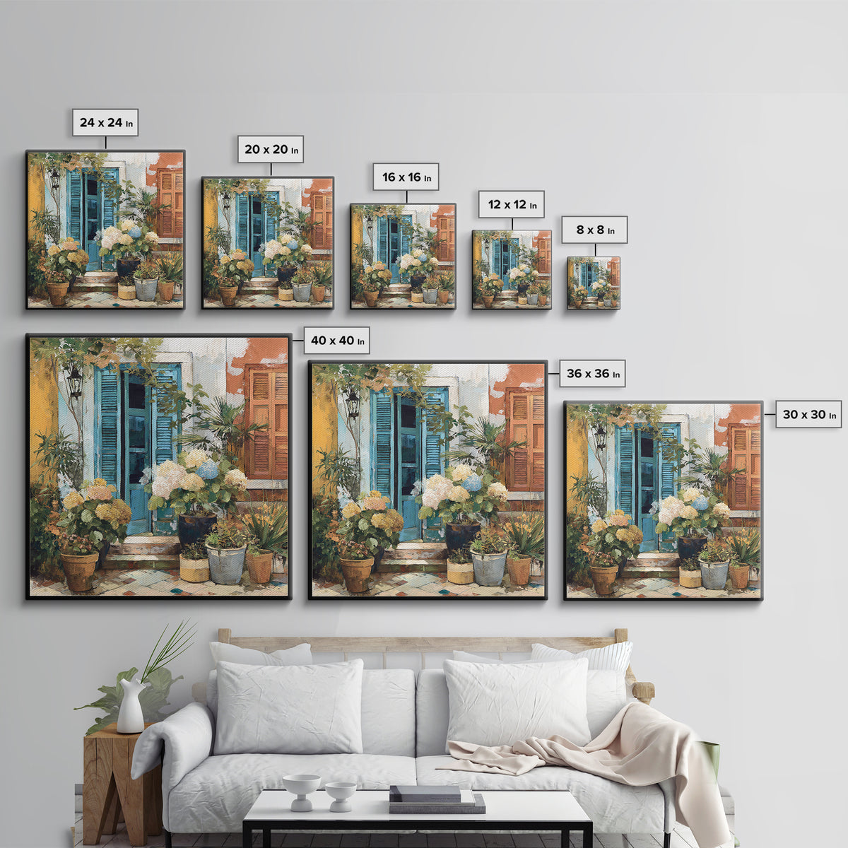 Soft Hydrangeas Beside Antique Shutters Framed Canvas Print, French Country Art, Home Decor, Farmhouse Decor, Fine Art, Country, FCA-1x1-32