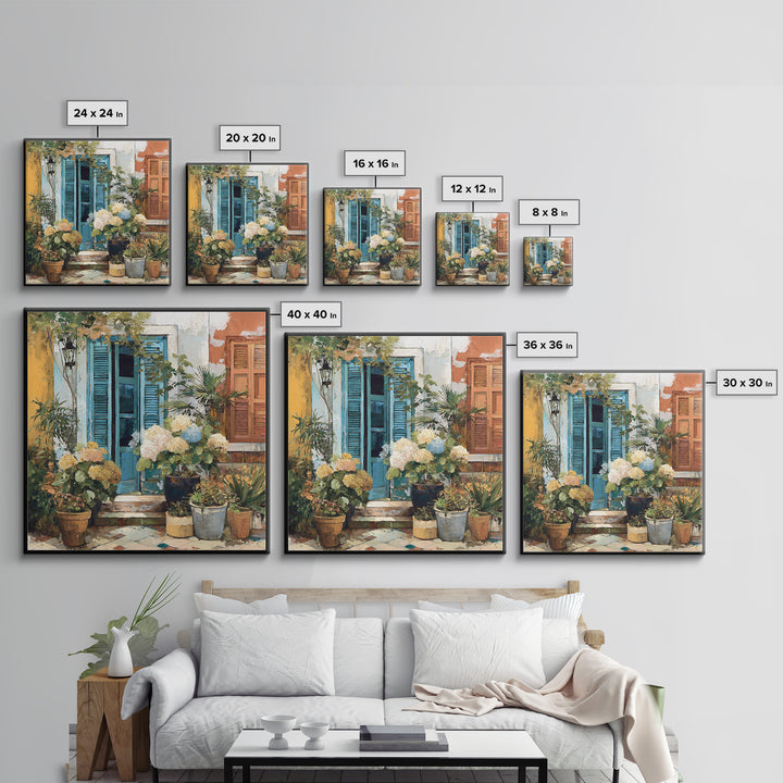 Soft Hydrangeas Beside Antique Shutters Framed Canvas Print, French Country Art, Home Decor, Farmhouse Decor, Fine Art, Country, FCA-1x1-32