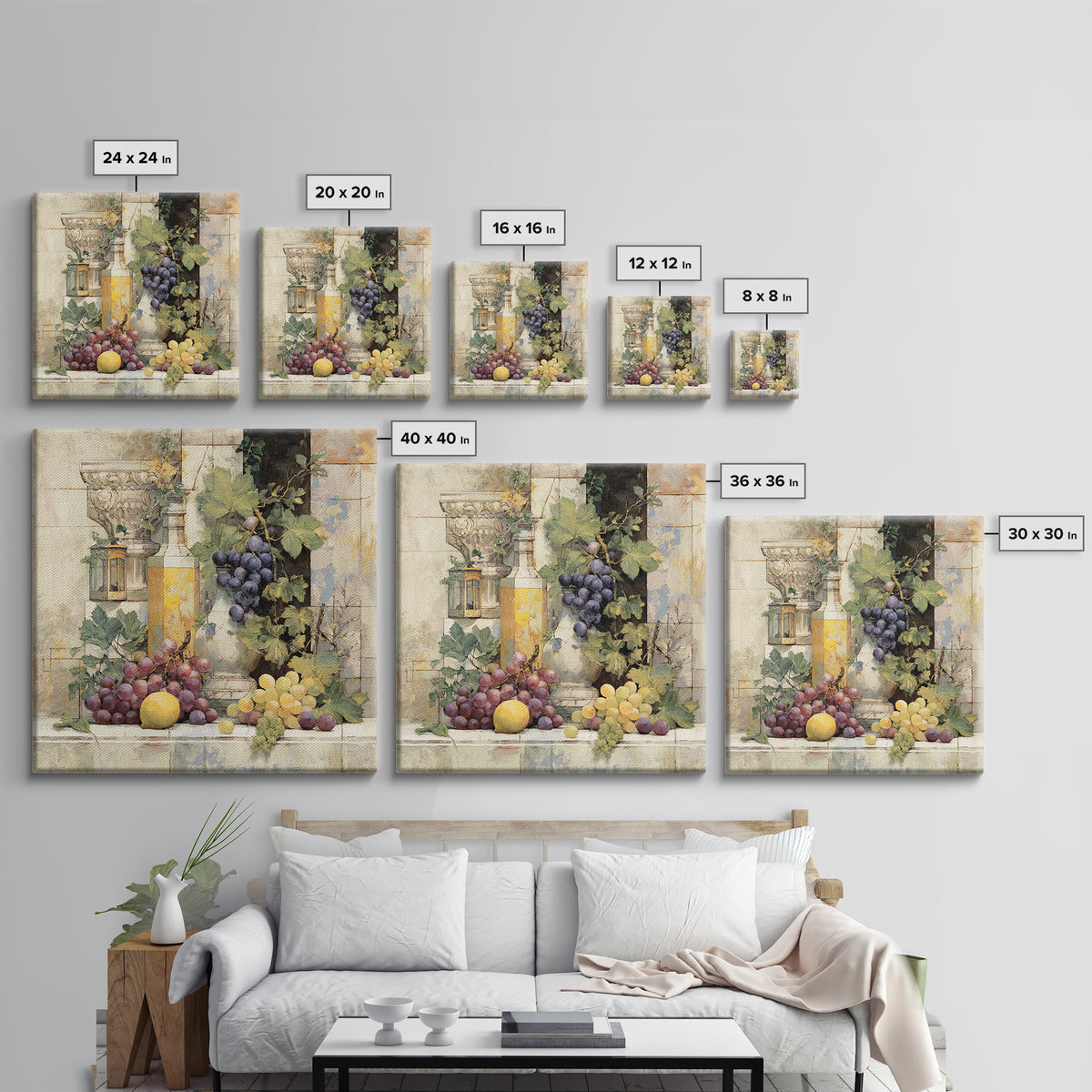 Grapes and Wine Still Life Framed Canvas Print, French Country Art, French Country Decor, Farmhouse Decor, Abstract Art, FCA-1x1-33