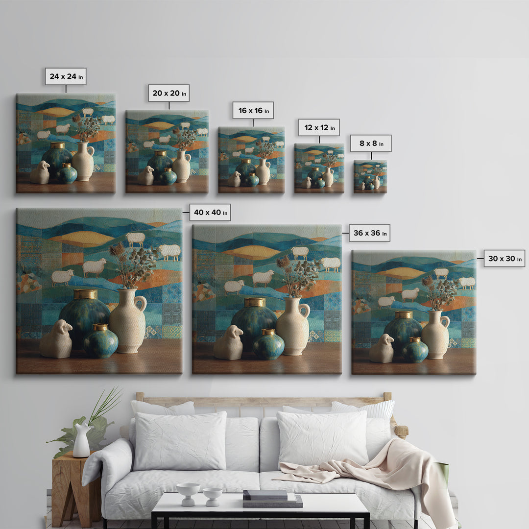 Pastoral Sheep in Rolling Countryside Framed Canvas Print, French Country Art, Floral Wall Art, Farmhouse Decor, Country, FCA-1x1-38