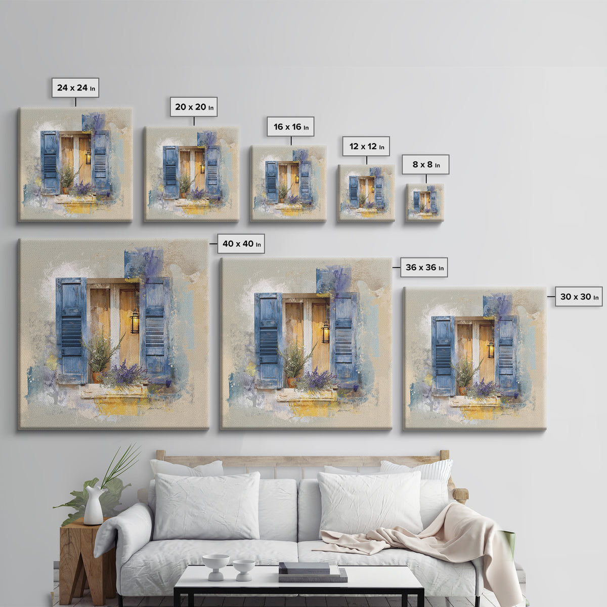 Weathered Window with Blue Shutters Canvas Print, French Country Art, Botanical Wall Art, Farmhouse Decor, Watercolor Art, FCA-1x1-45
