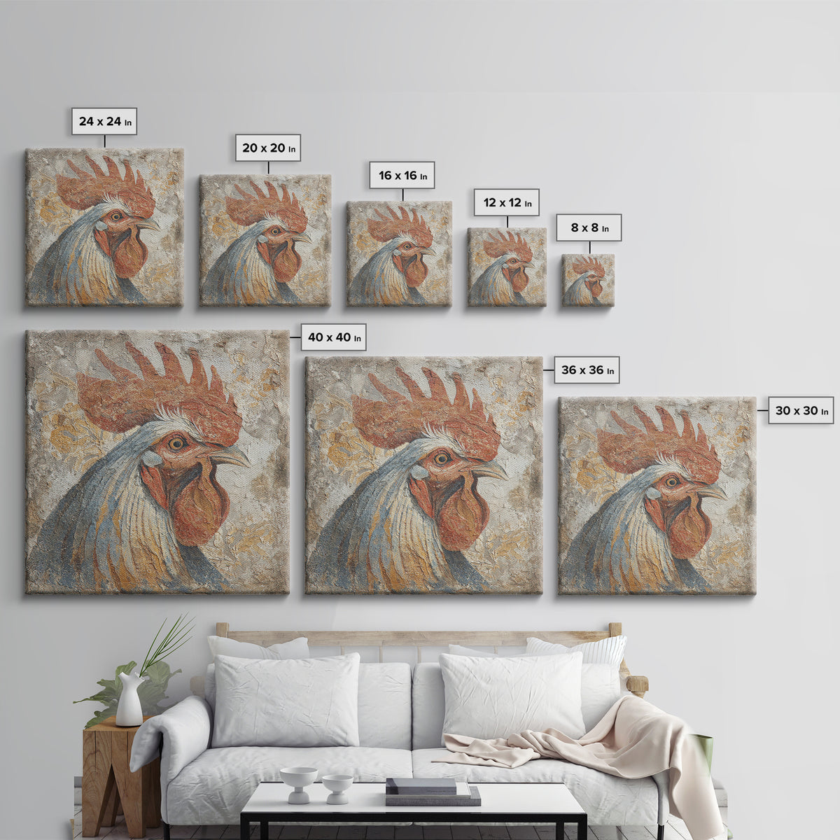 Rooster Portrait in Rustic French Palette Canvas Print, French Country Art, Botanical Prints, Farmhouse Decor, Country, FCA-1x1-50