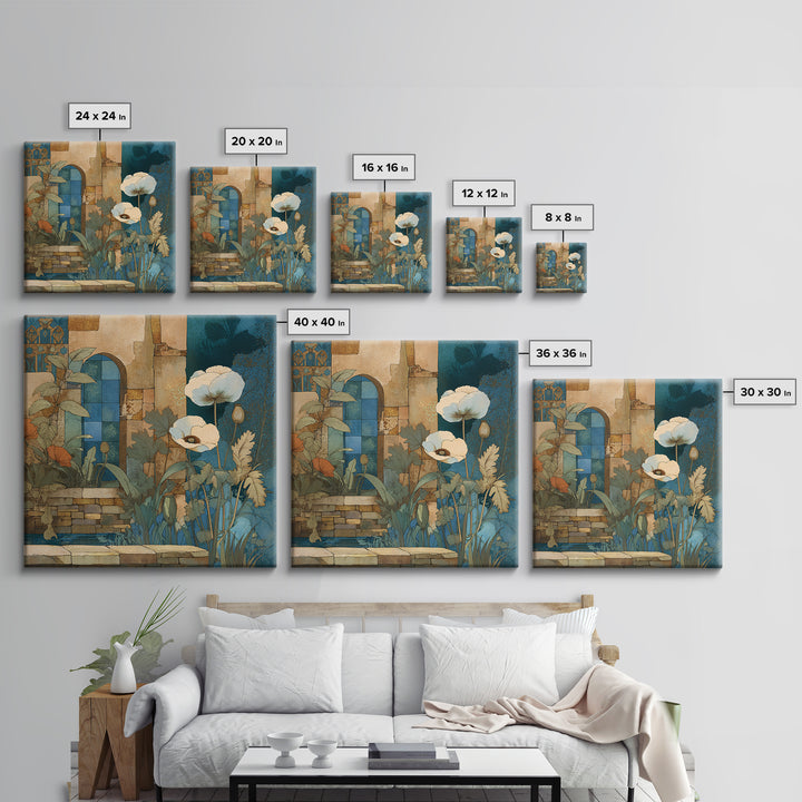 Poppies Beside a Stone Garden Wall Framed Canvas Print, French Country Art, Landscape Wall Art, Farmhouse Decor, Oil Painting, FCA-1x1-63