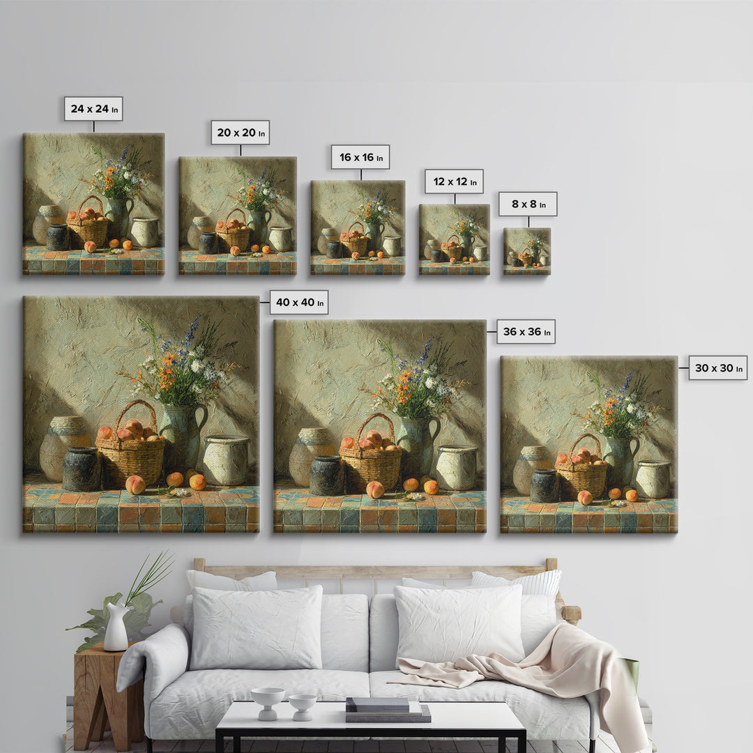 Basket of Fresh Peaches and Wildflowers Canvas Print, French Country Art, Eclectic Wall Art, Farmhouse Decor, Country, FCA-1x1-68