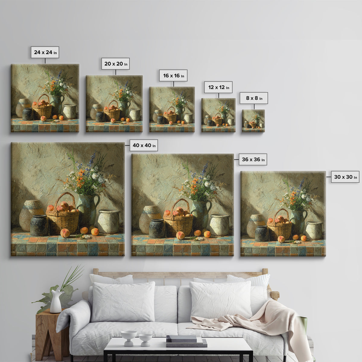 Basket of Fresh Peaches and Wildflowers Canvas Print, French Country Art, Eclectic Wall Art, Farmhouse Decor, Country, FCA-1x1-68
