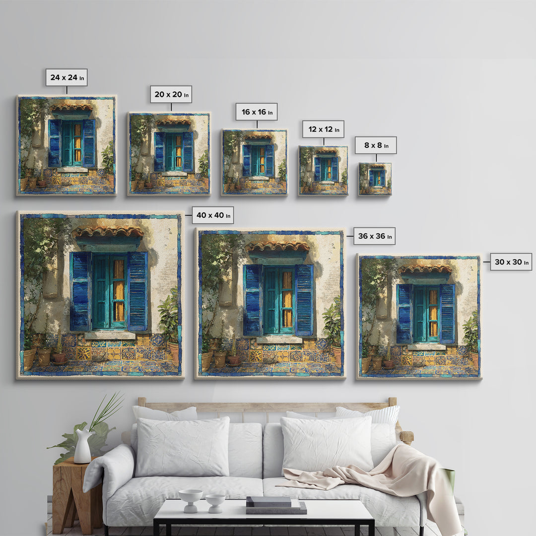 Weathered Window with Blue Shutters Canvas Print, French Country Art, Botanical Wall Art, Farmhouse Decor, Watercolor Art, FCA-1x1-69