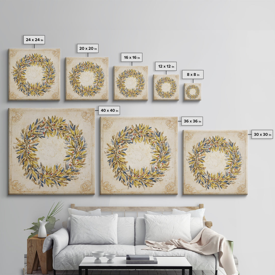 Olive Branch Wreath on Cream Ground Canvas Print, French Country Art, Farmhouse Wall Decor, Farmhouse Decor, Country, FCA-1x1-70