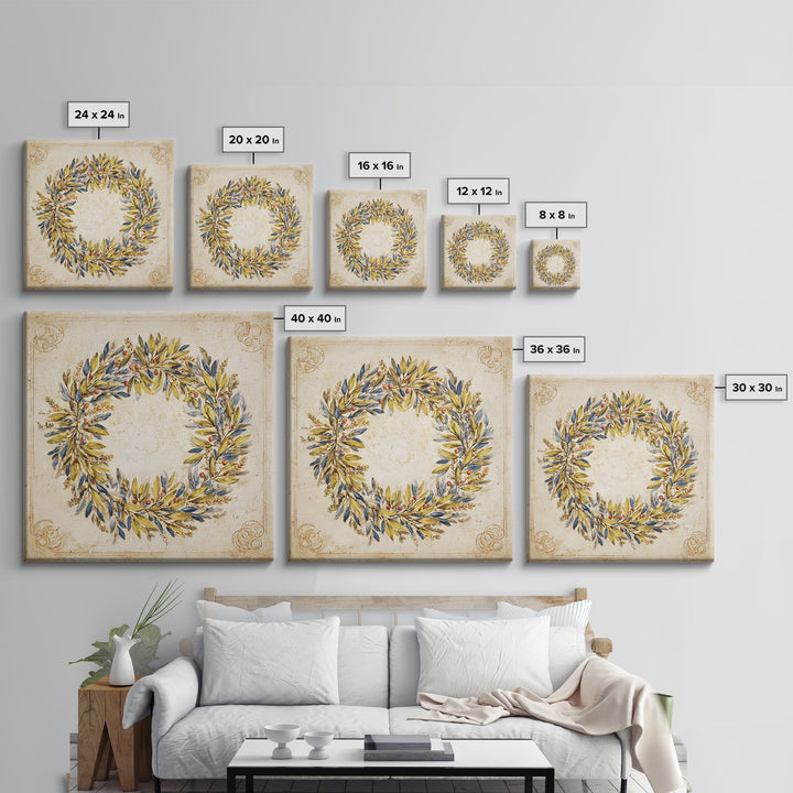 Olive Branch Wreath on Cream Ground Canvas Print, French Country Art, Farmhouse Wall Decor, Farmhouse Decor, Country, FCA-1x1-70