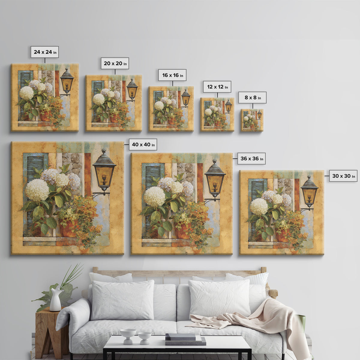 Soft Hydrangeas Beside Antique Shutters Framed Canvas Print, French Country Art, Home Decor, Farmhouse Decor, Fine Art, Country, FCA-1x1-80