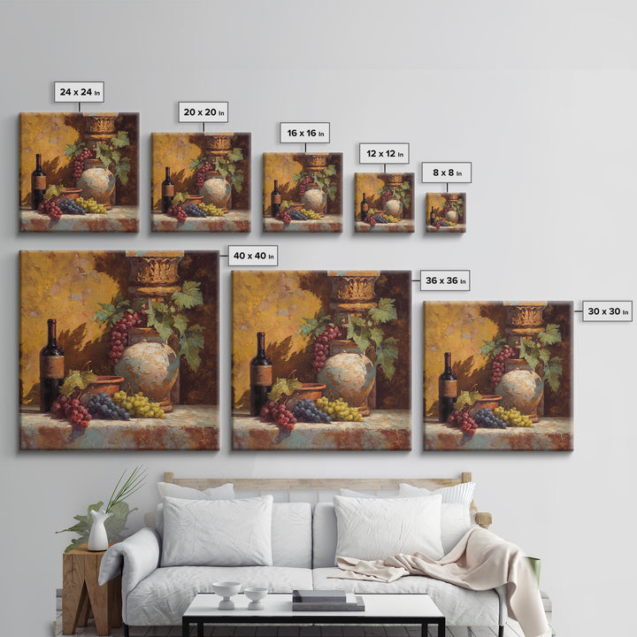 Grapes and Wine Still Life Canvas Print, French Country Art, Coastal Wall Art, Farmhouse Decor, Country, Above Bed Art, FCA-1x1-9