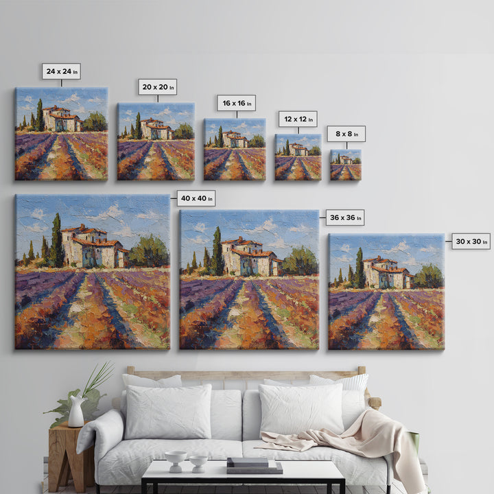 Lavender Field with Distant Stone Farmhouse Canvas Print, French Country Art, Farmhouse Decor, Oil Painting, Country, FCA-1x1-97