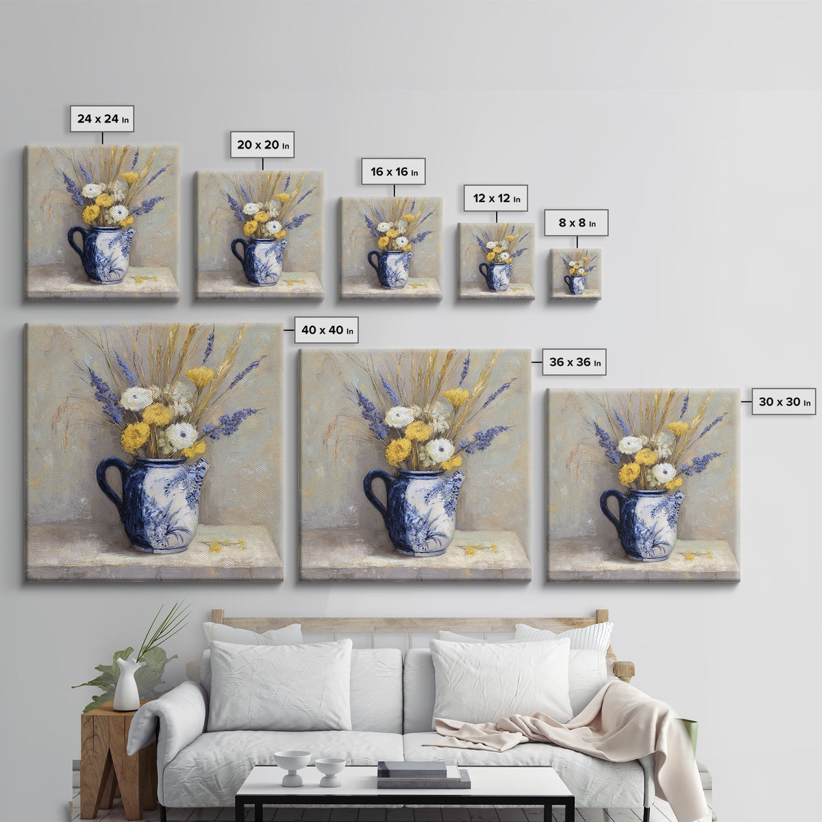 Blue and White Ceramic Pitcher Canvas Print, French Country Art, Farmhouse Decor, Oil Painting, Country, Digital Wall Art, FCA-1x1-99