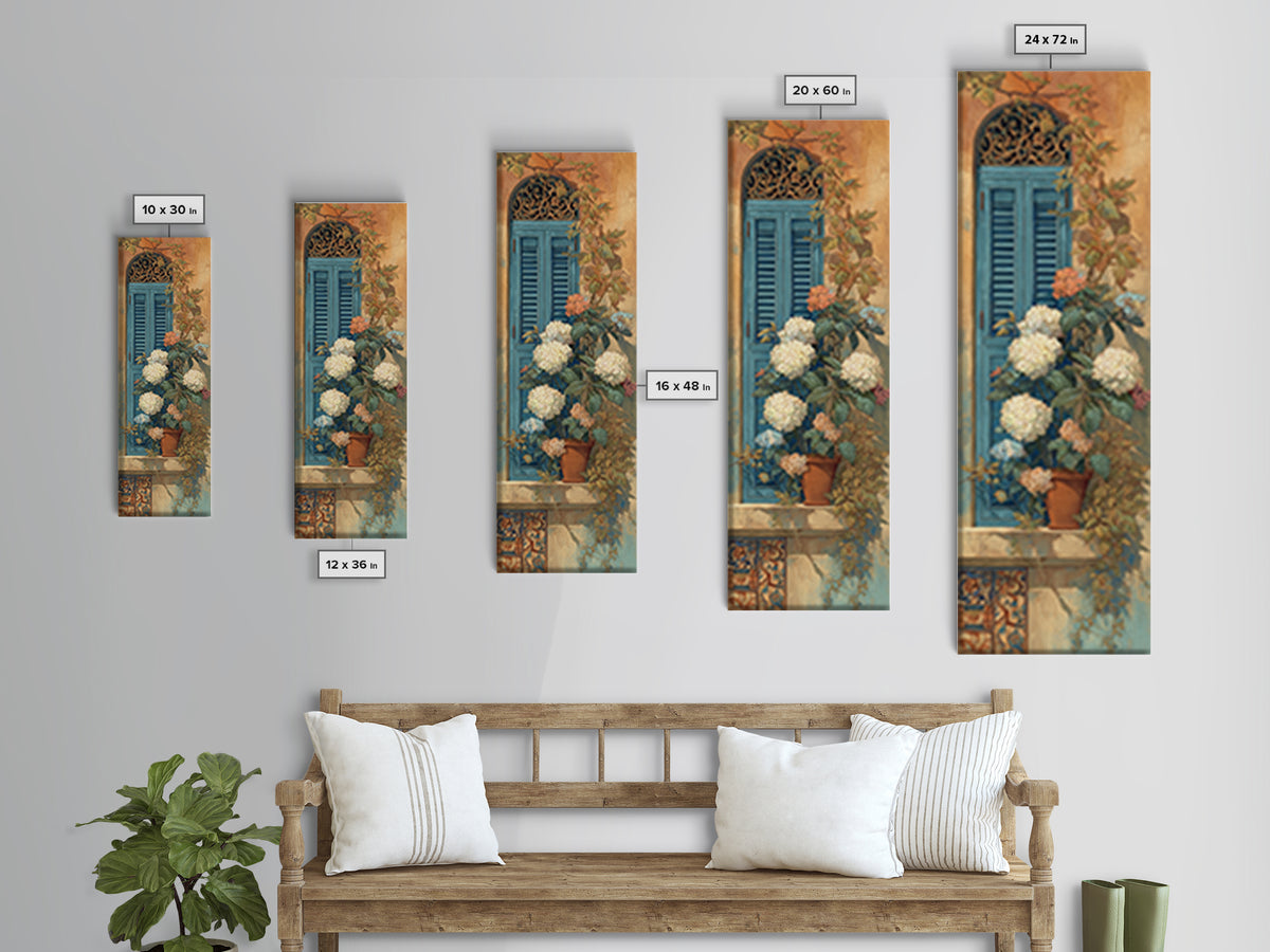 Soft Hydrangeas Beside Antique Shutters Framed Canvas Print, French Country Art, Eclectic Wall Art, Farmhouse Decor, Country, FCA-1x3-20
