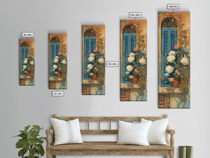 Soft Hydrangeas Beside Antique Shutters Framed Canvas Print, French Country Art, Eclectic Wall Art, Farmhouse Decor, Country, FCA-1x3-20