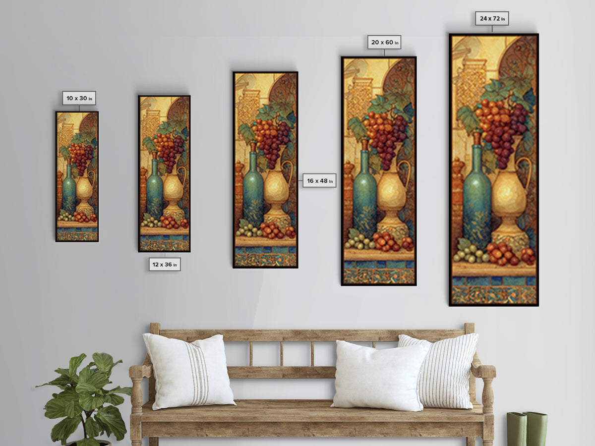 Grapes and Wine Still Life Framed Canvas Print, French Country Art, French Country Decor, Farmhouse Decor, Oil Painting, FCA-1x3-45