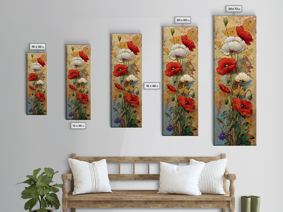 Poppies Beside a Stone Garden Wall Framed Canvas Print, French Country Art, Wall Art, Farmhouse Decor, Oil Painting, Country, FCA-1x3-75