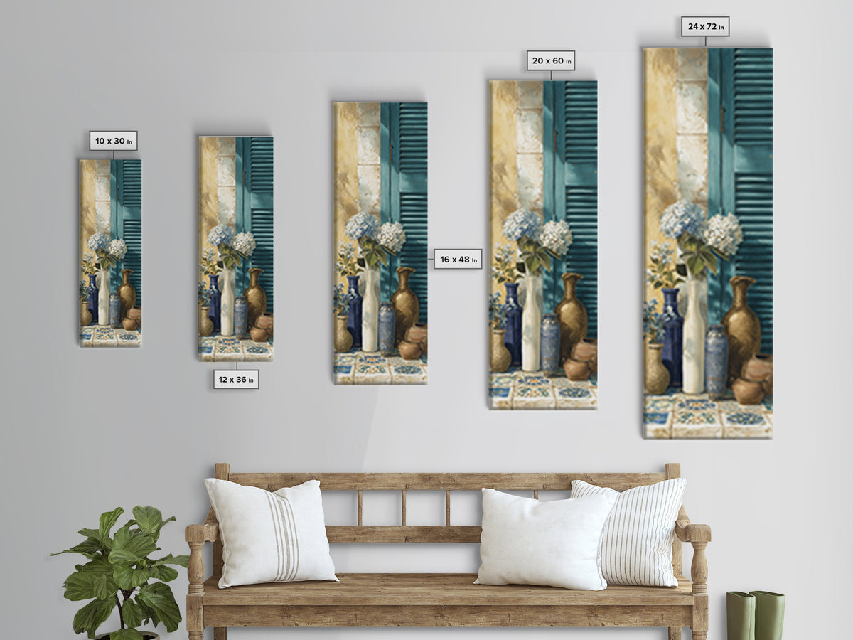 Soft Hydrangeas Beside Antique Shutters Framed Canvas Print, French Country Art, Contemporary Art, Farmhouse Decor, Country, FCA-1x3-92