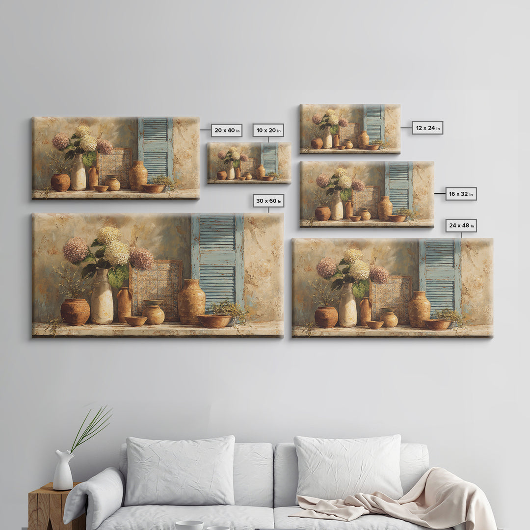 Soft Hydrangeas Beside Antique Shutters Framed Canvas Print, French Country Art, Floral Wall Art, Farmhouse Decor, Country, FCA-2x1-100