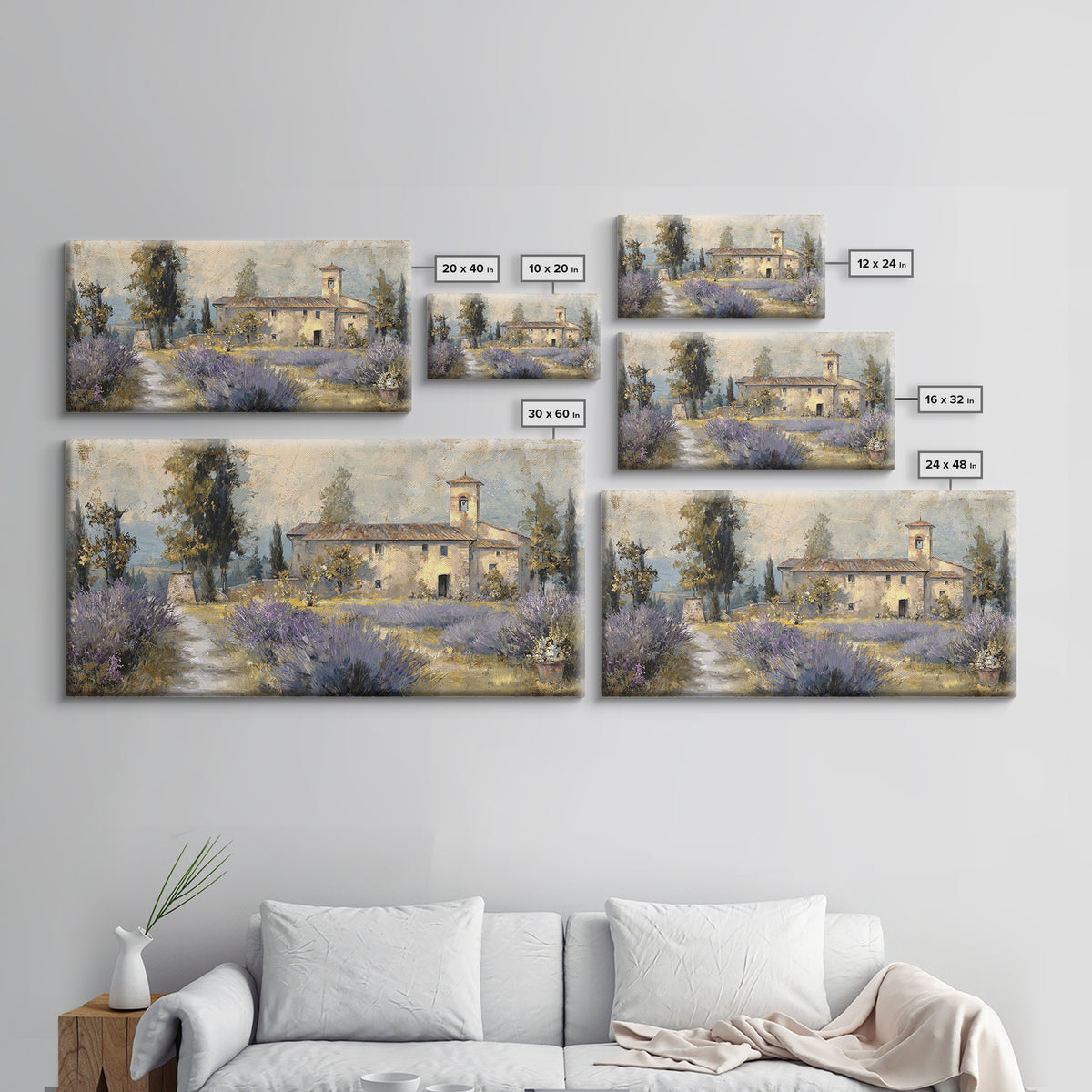 Lavender Field with Distant Stone Farmhouse Canvas Print, French Country Art, Farmhouse Decor, Oil Painting, Country, FCA-2x1-21