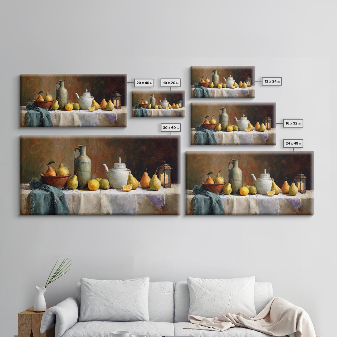 Pear Still Life on Linen Tablecloth Framed Canvas Print, French Country Art, Room Decor, Farmhouse Decor, Fine Art, Country, FCA-2x1-24