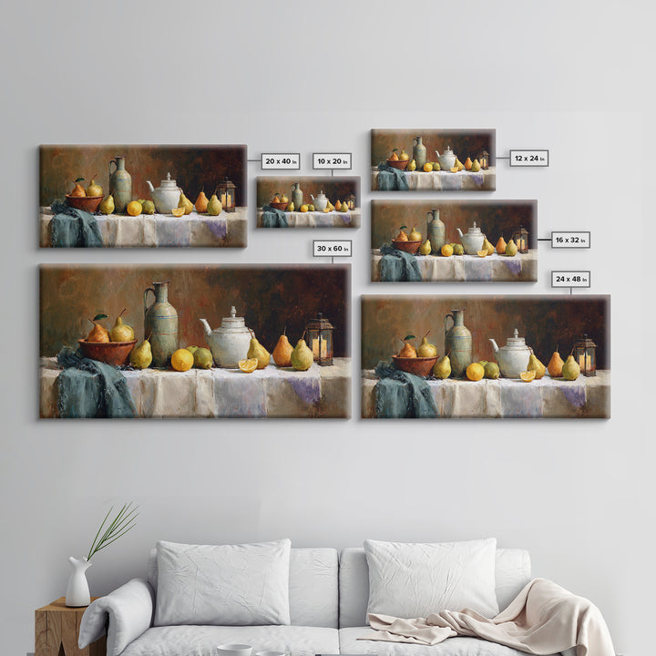 Pear Still Life on Linen Tablecloth Framed Canvas Print, French Country Art, Room Decor, Farmhouse Decor, Fine Art, Country, FCA-2x1-24