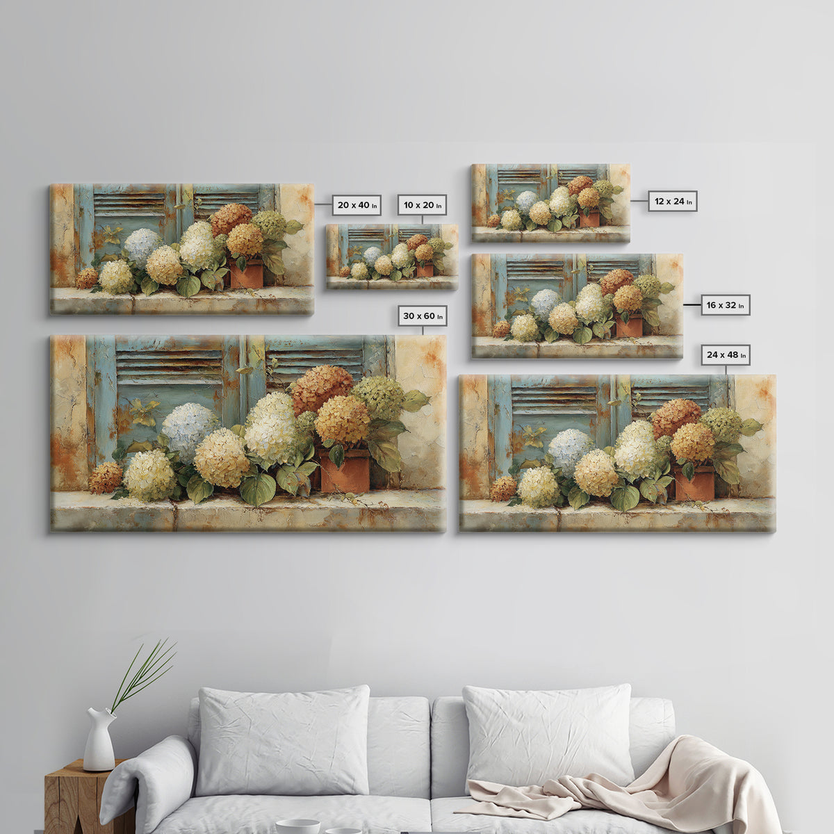 Soft Hydrangeas Beside Antique Shutters Framed Canvas Print, French Country Art, Textured Painting, Farmhouse Decor, Country, FCA-2x1-28