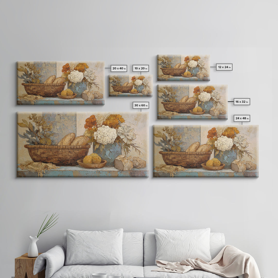 French Market Basket Framed Canvas Print, French Country Art, Digital Wall Art, Farmhouse Decor, Oil Painting, Country, FCA-2x1-3