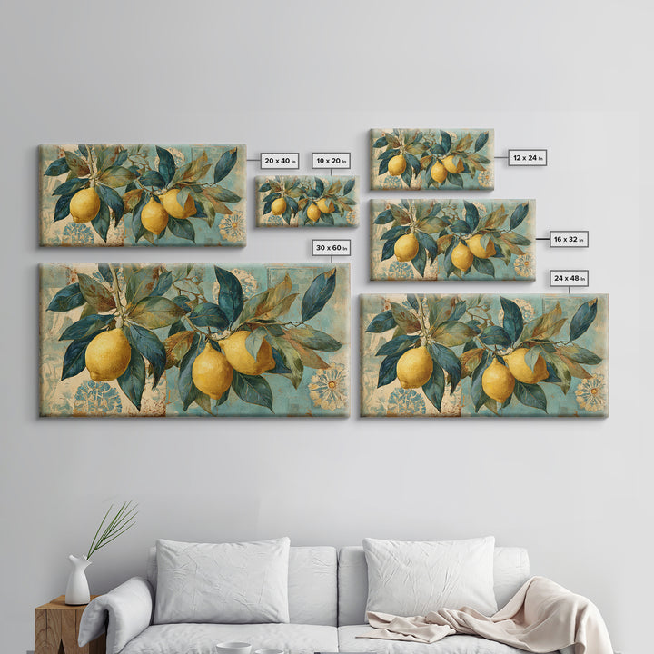 Aged Botanical Plate of Lemons and Leaves Canvas Print, French Country Art, Farmhouse Decor, Watercolor Art, Country, FCA-2x1-32