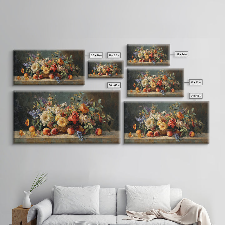 Basket of Fresh Peaches and Wildflowers Framed Canvas Print, French Country Art, Contemporary Art, Farmhouse Decor, Country, FCA-2x1-40