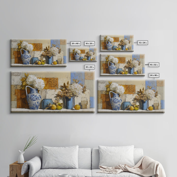 Blue and White Ceramic Pitcher Canvas Print, French Country Art, Oil Painting, Farmhouse Decor, Watercolor Art, Country, FCA-2x1-47
