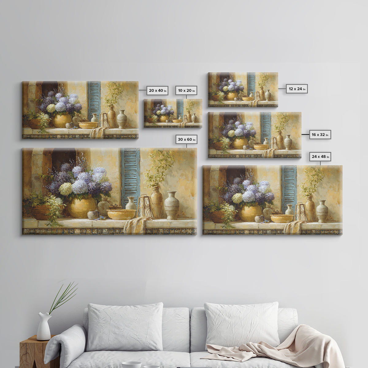 Soft Hydrangeas Beside Antique Shutters Canvas Print, French Country Art, Digital Prints, Farmhouse Decor, Fine Art, Country, FCA-2x1-52