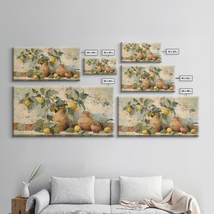 Aged Botanical Plate of Lemons and Leaves Framed Canvas Print, French Country Art, Digital Art, Farmhouse Decor, Country, FCA-2x1-56