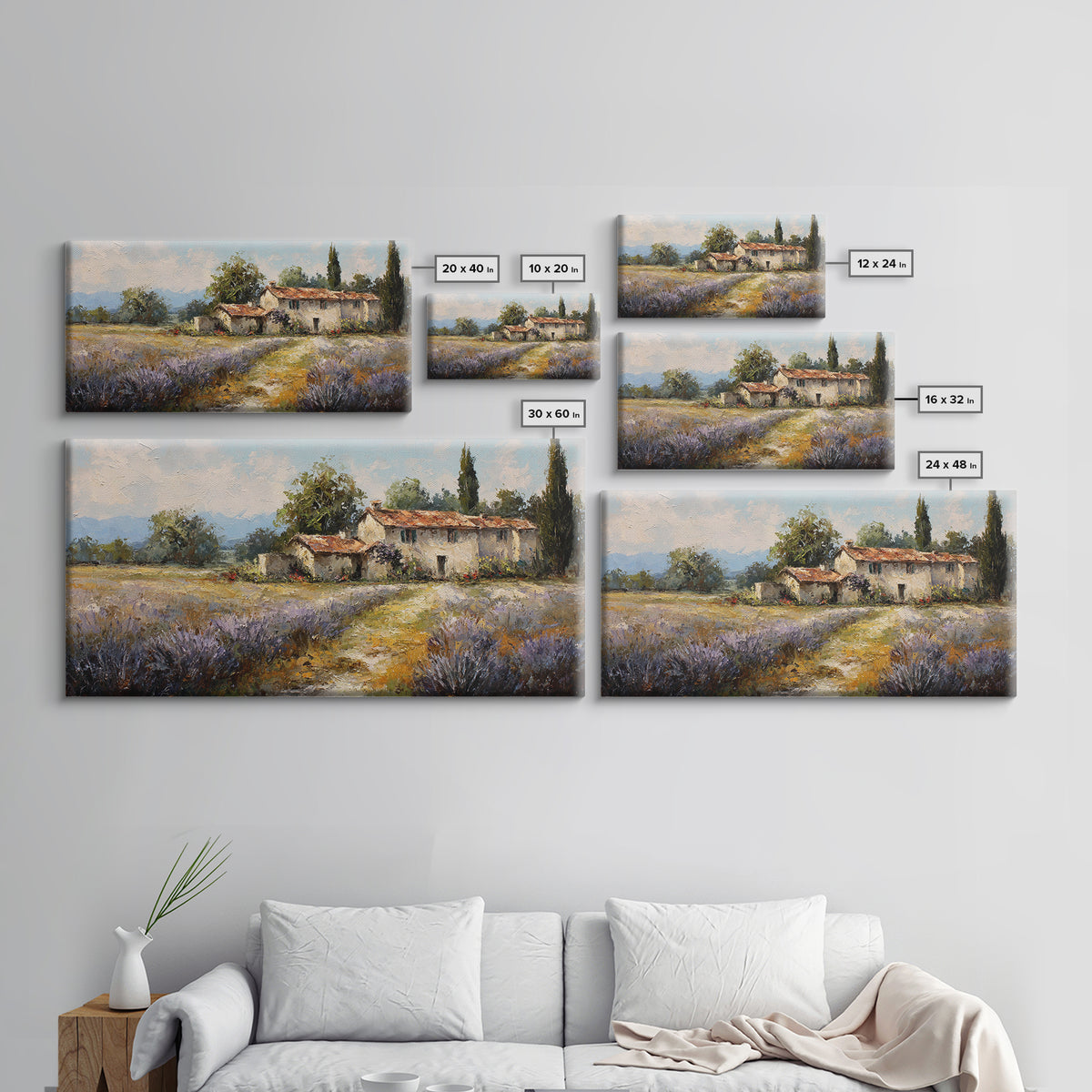 Lavender Field with Distant Stone Farmhouse Canvas Print, French Country Art, Minimalist Decor, Farmhouse Decor, Country, FCA-2x1-69